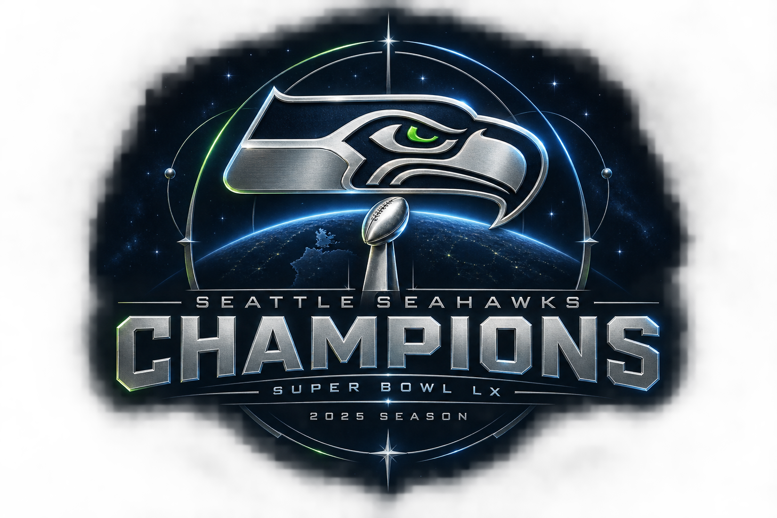 Seattle Seahawks, Super Bowl LX champions, 2025 season. Silver championship emblem with blue and green orbital lighting.